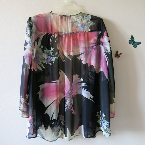 Vintage Status by Chenault Floral Roses Bohemian Chiffon Open Cardigan Sz. L - Picture 7 of 16